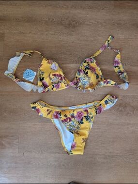 Yellow Floral Ruffle Bikini Set - Women Swim Bikini
